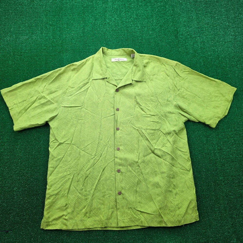 Vintage Tommy Bahama Hawaiian Camp Shirt Mens XL Lime Green 100% Silk Textured